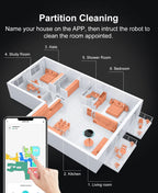 Smart home cleaning robot with app interface on a black background