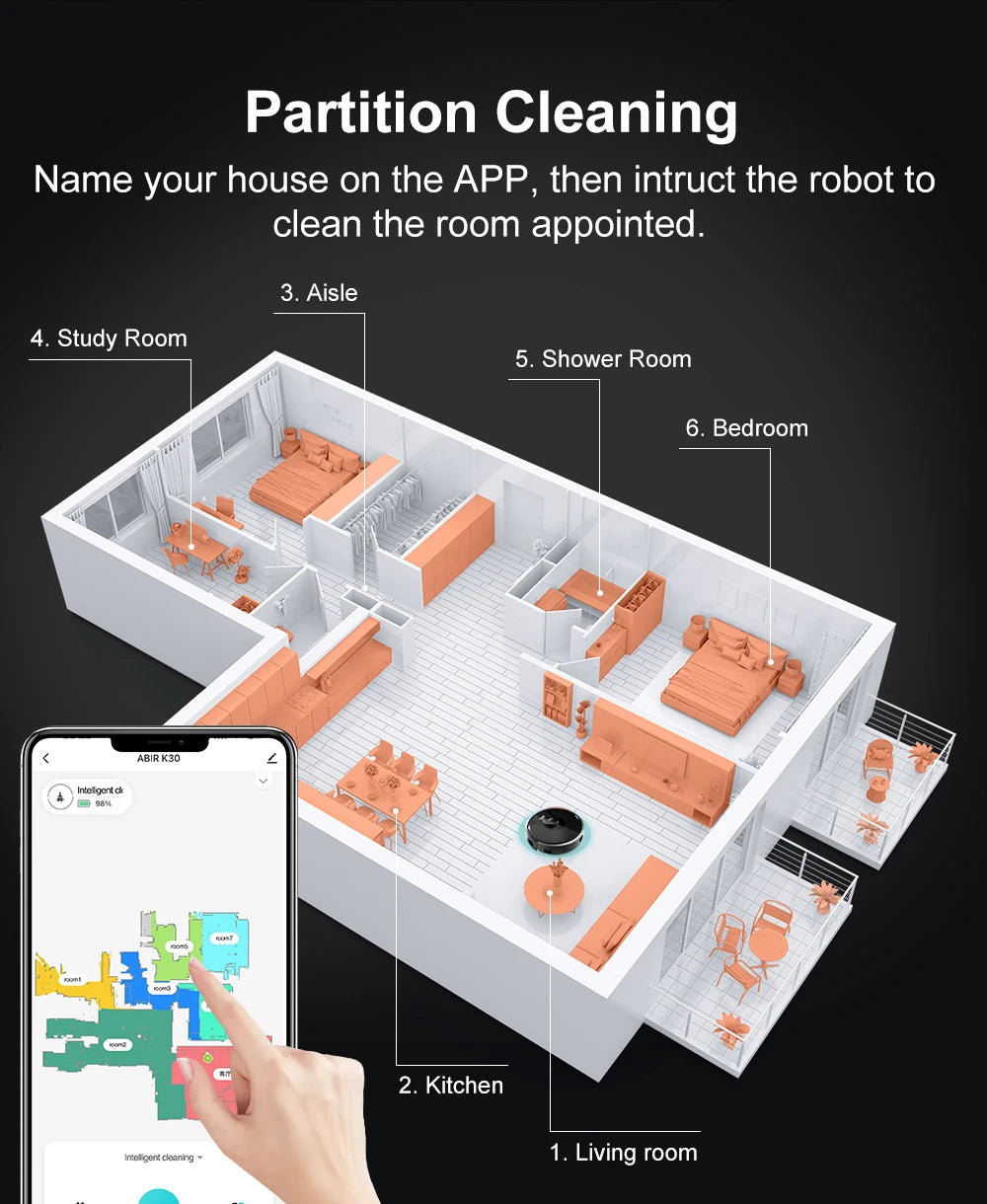 Smart home cleaning robot with app interface on a black background